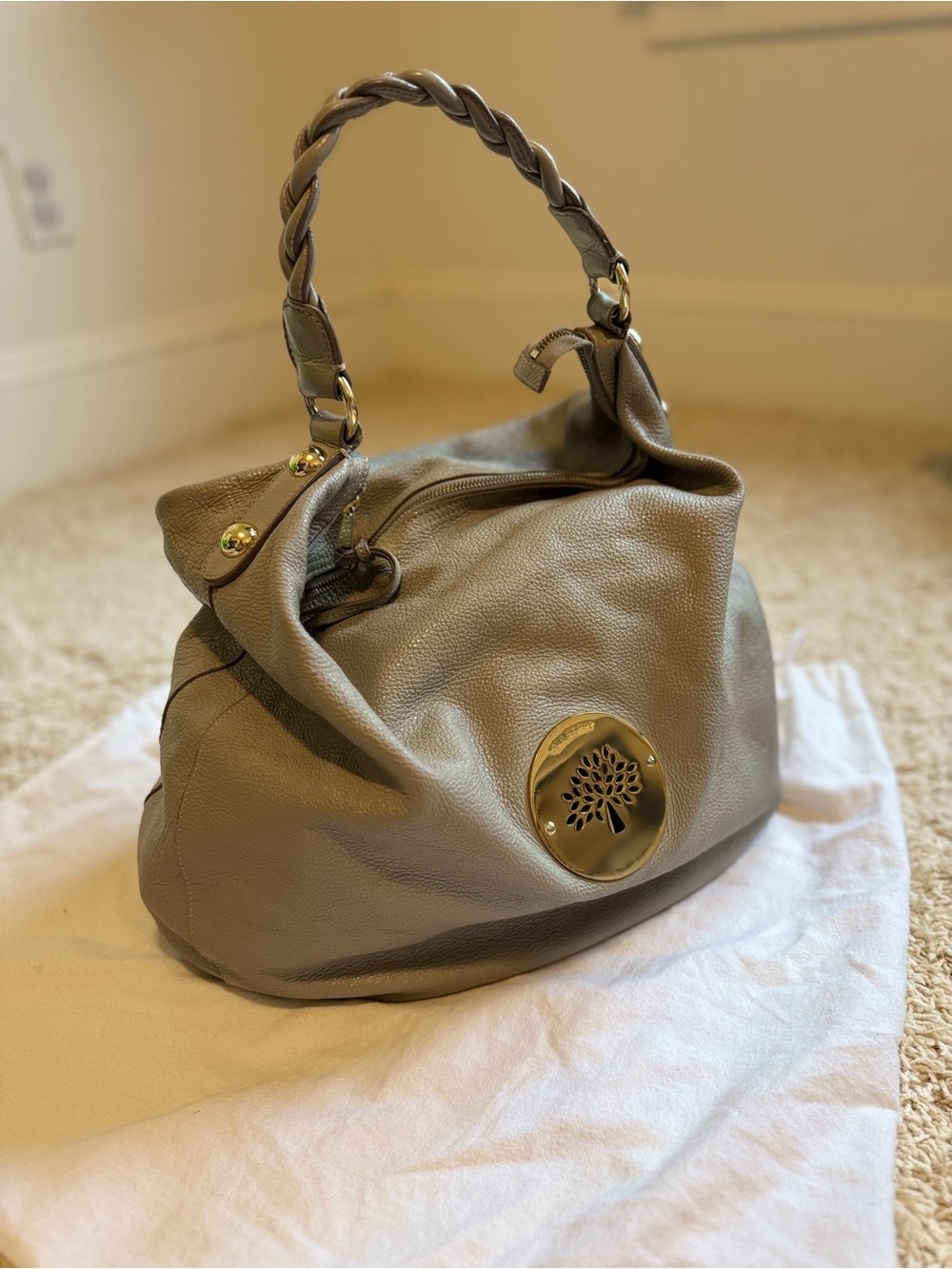 Mulberry Taupe Leather Hobo with Braided Handle